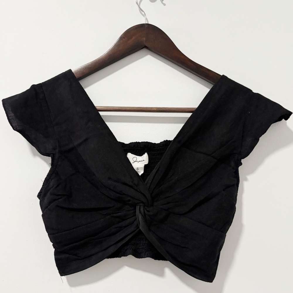 Japna Black Twist-Front Crop Top Womens Size Small Cap Sleeve Boho Cottagecore